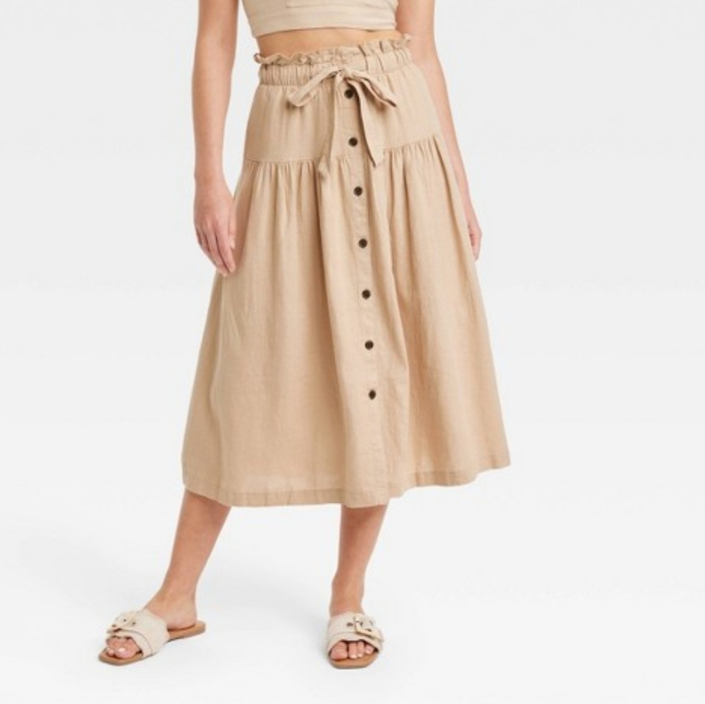 NWT Universal Thread Tan Linen Tie Waist Midi Skirt Size Small